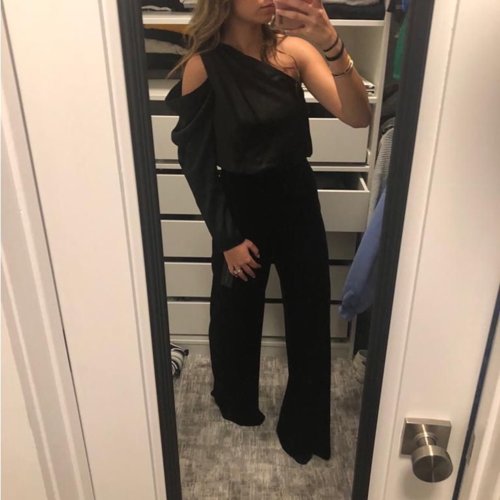 Black jumpsuit silk on top velvet on bottom